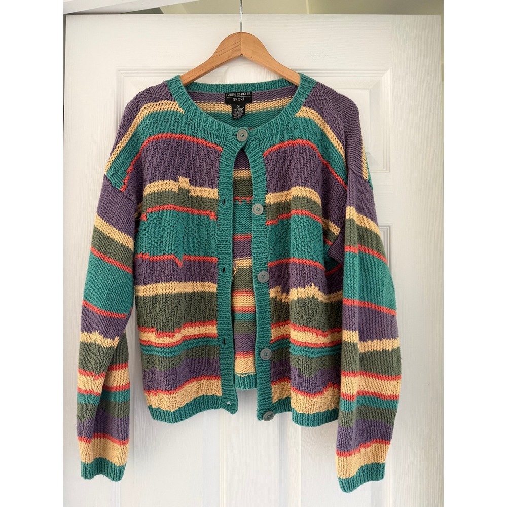 Vintage Womens Knit Chunky Colorful Striped Cardigan Cottagecore Woodsy